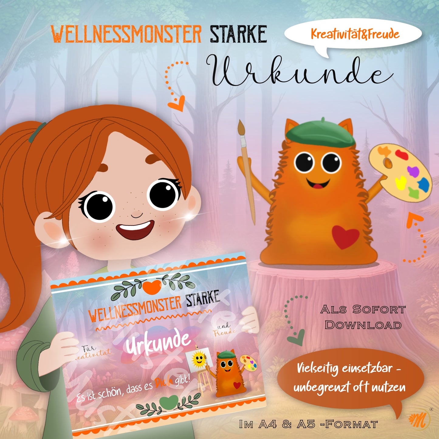 Wellnessmonster starke Urkunde für Kreativität und Freude I DIY Sofort-Download