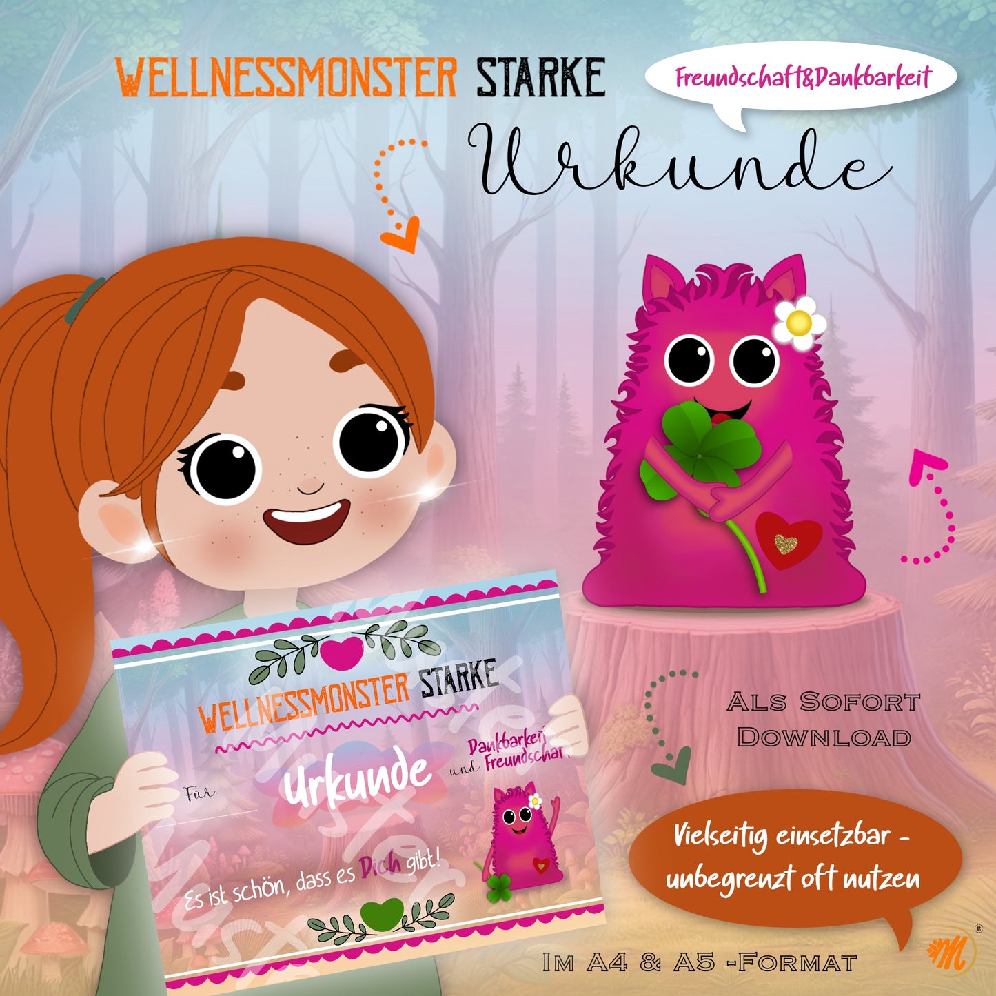 Wellnessmonster starke Urkunde für Dankbarkeit und Freundschaft I DIY Sofort-Download